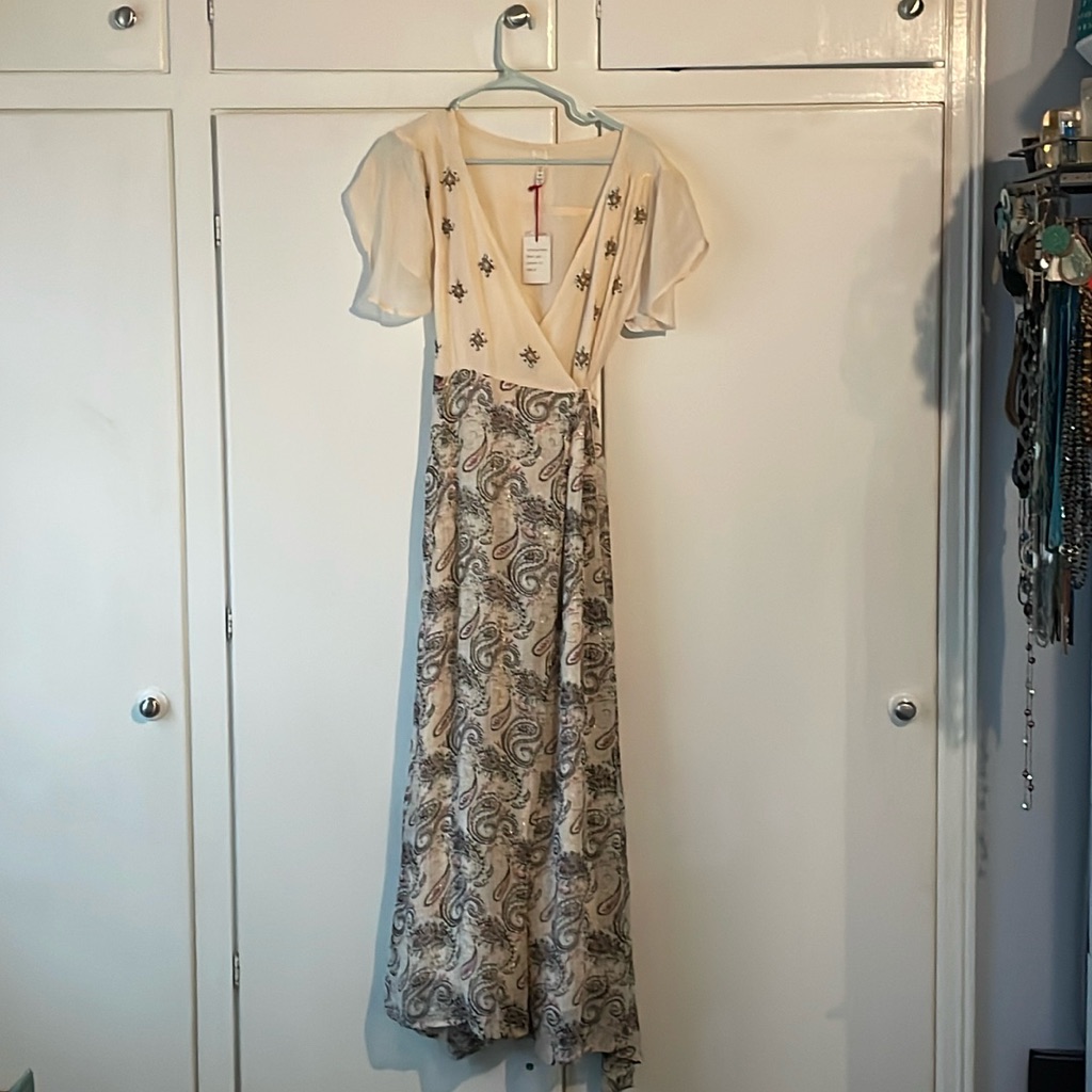 Raga Beaded Blush Ivory Wrap Dress From Anthropologie. Beautiful Boho Dress.